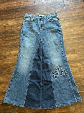 Levi's Custom Made Blue Panel Flare Skirt-Jeans with Floral Patch